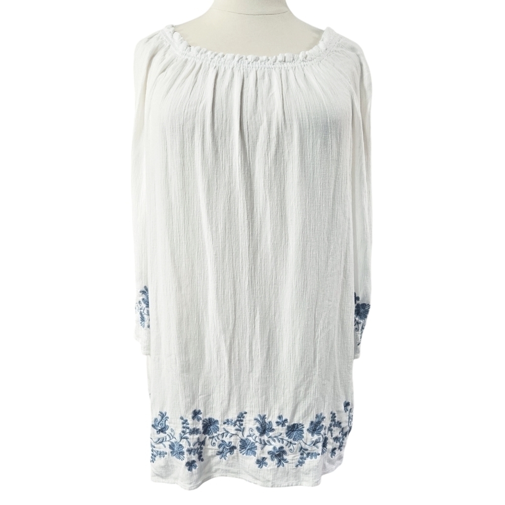 J. Jill White Embroidered Crinkle Gauze Peasant Tunic Beachy Boho Vacation